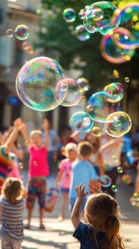 Children playing with colorful soap bubbles in a park, joyful and playful atmosphere