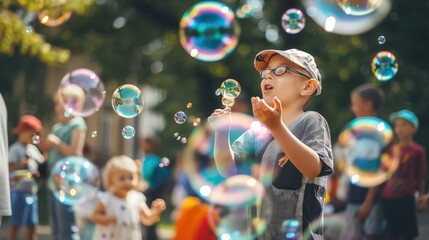 Children playing with colorful soap bubbles in a park, joyful and playful atmosphere