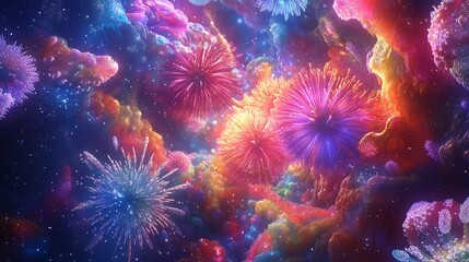 Vibrant fireworks display cosmic space digital art colorful surreal