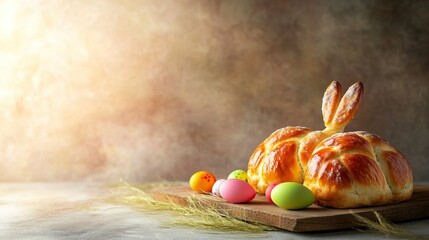 Delicious bunny-shaped bread on wooden board with colorful easter eggs and wheat, rustic background, celebrating happy easter