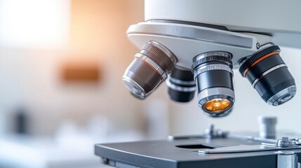 Close-up view of a high-tech microscope with multiple lenses, highlighting advanced scientific research equipment in a lab setting