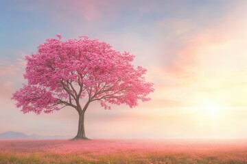 Fototapeta premium A stunning pink blossom tree in a serene landscape during sunset.