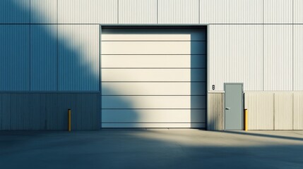 Exterior of a modern warehouse with a large, closed roller door. Sunlight casts shadows on the concrete floor and building.