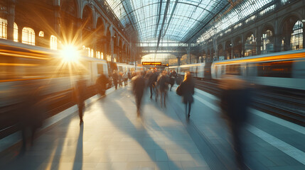 A bustling train station with blurred travelers rushing past platforms.