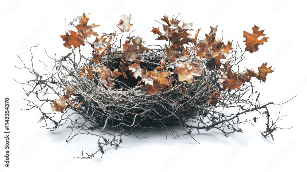 Wall mural A bird's nest made of twigs and adorned with autumn leaves, symbolizing nature's cycle.