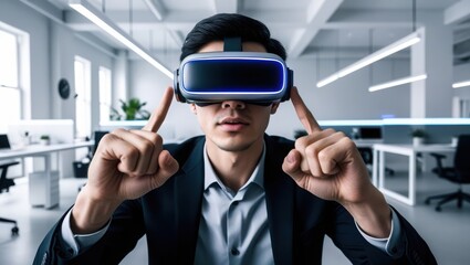 Businessman wearing virtual reality headset in modern office