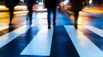 A busy urban crosswalk at night with blurred figures moving through streaks of light from passing cars.