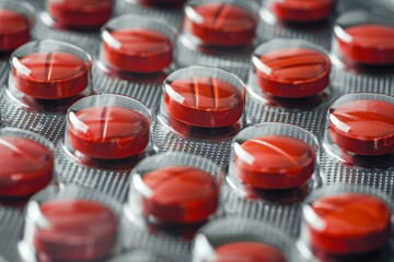 Close up of round red tablets in blister pack showing pharmaceutical industry concept