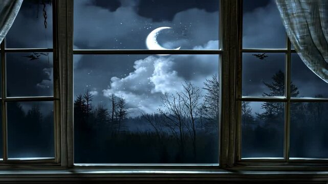 Nighttime view of a moonlit sky with clouds and silhouettes of trees seen through a window