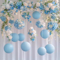 A close-up of blue and white hanging decorations, such as paper lanterns and streamers, soft ambient lighting creating gentle shadows, blurred background emphasizing a festive and modern vibe