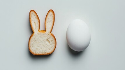 Obraz premium Cute bunny-shaped bread with white egg on minimalist background, embracing happy easter