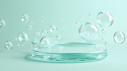 A circular glass podium encased in floating translucent bubbles on a soft mint background.