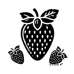 Black and White Strawberry Illustration: A classic silhouette of a strawberry with two smaller strawberries in the background. This minimalist, stylish design is perfect for branding, packaging.