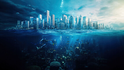 Fototapeta premium A futuristic underwater city with glowing buildings and diverse marine life swimming around. A vibrant, sci-fi scene, perfect for ocean exploration, innovative cities