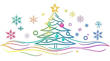 A colorful, stylized Christmas tree with ornaments and snowflakes, celebrating the holiday season.
