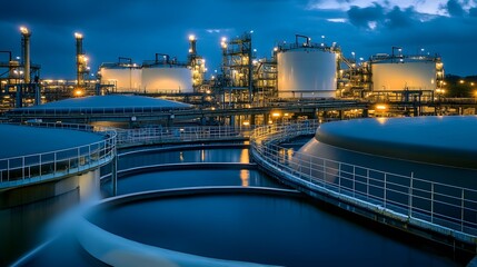 Naklejka premium Energy Facility Night View: Detailed Look at Refinery Tanks and Pipes