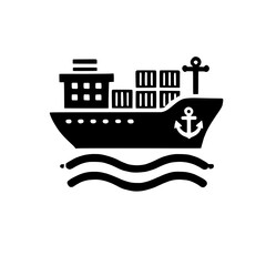 Cargo Ship Icon: A sleek and modern icon depicting a cargo ship sailing on the open sea, symbolizing global trade, transportation, and logistics.