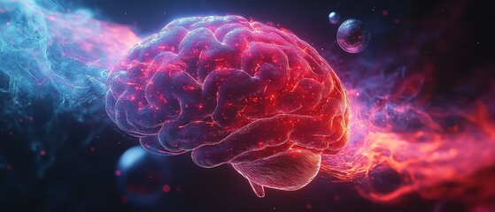 Fototapeta premium A futuristic brain hologram with spinning orbs of sound waves, vibrant colors, highly detailed, scifi style, cinematic lighting, immersive composition