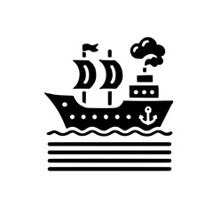 Sailing Ship Icon: A simple yet striking icon depicting a sailing ship with three masts, a smoke plume, and an anchor, navigating the waves. Ideal for nautical-themed designs, travel brochures.