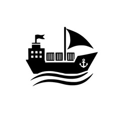 Obraz premium Cargo Ship Icon: A simple yet effective black and white illustration of a cargo ship sailing on the waves, featuring a small sail and anchor. Perfect for logistics, shipping.