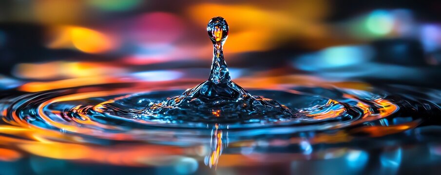 A macro photograph of a water drop splashing in vivid colors, dynamic and detailed fluid motion, black background enhancing the bright tones, highspeed action, sharp focus