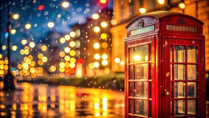 Iconic red phone box, bokeh-filled night, rainy London streets; a vintage, artistic blur of city lights and British urban life.