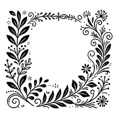 Floral Square Frame: Elegant black and white illustration of a square frame adorned with intricate floral designs. Perfect for invitations, cards, or adding a touch of nature to your projects. 