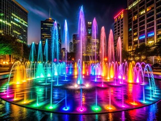 Low light photography reveals a vibrant fountain, its illuminated spray contrasting the dark urban night, a captivating city scene.
