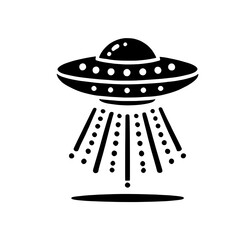 UFO Icon: A simple, bold black and white illustration of a classic flying saucer with a beam of light shooting downwards. Perfect for sci-fi, space, and extraterrestrial concepts.
