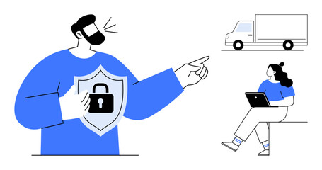 Bearded man with shield and lock on shirt pointing, nearby truck, woman seated with laptop. Ideal for cybersecurity, logistics, remote work, technology, online security awareness, delivery services