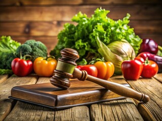 Macro lens reveals gavel, legal texts, vibrant fruits; farm-to-table law's impact.