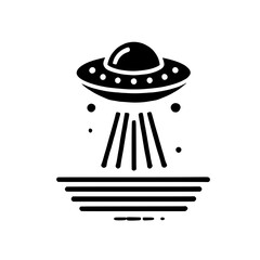UFO Landing Minimalist Icon: A stylized black and white illustration of a UFO descending towards Earth, capturing the mystery and intrigue of extraterrestrial encounters.  