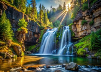 Sun-drenched beauty: capture the breathtaking splendor of Lost Creek Falls, Montana.