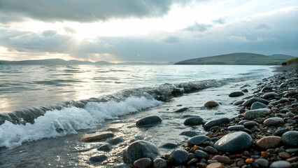 Gentle Tide Over Pebbles on Shore Symbolizing Flow of Time with Ample Copy Space for Text Placement