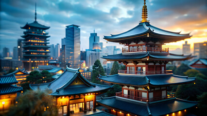 Obraz premium Serene Buddhist Temple Amidst Tokyo's Urban Landscape Celebrating Japan's Spiritual Heritage and Modern Life