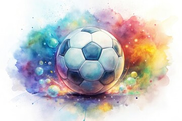 Fototapeta premium Surreal, abstract watercolor football, vibrant colors, white background.