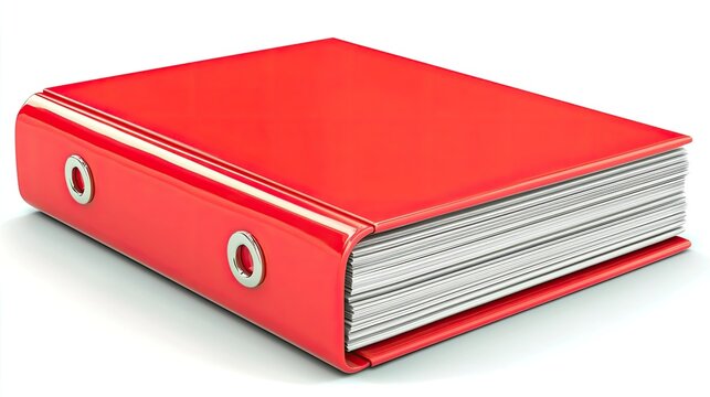 A red binder filled with white sheets, commonly used for organizing documents.