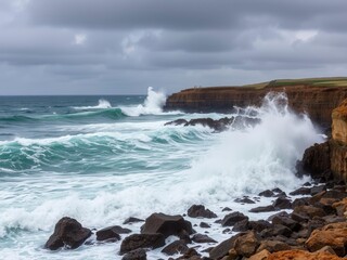 Fototapeta premium A powerful sea water ocean wave crashing against rocks under a stormy sky, sea, sky