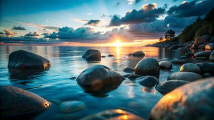Tranquil Seascape of Rocks and Calm Sea at Sunset with Pastel Sky and Ample Text Space on Left Side