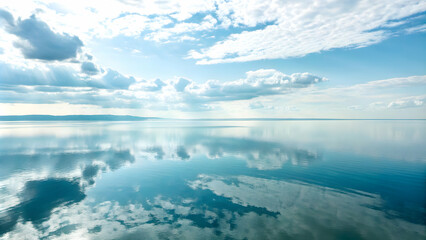 Fototapeta premium Calm Sky Reflection with Subtle Cloud Pattern Creating Gentle Symmetry for Impactful Stock Photo Promotions