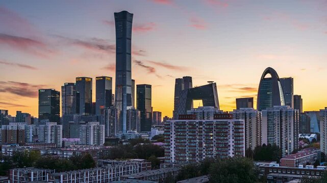 China Beijing CBD sunset sunset day to night time-lapse material