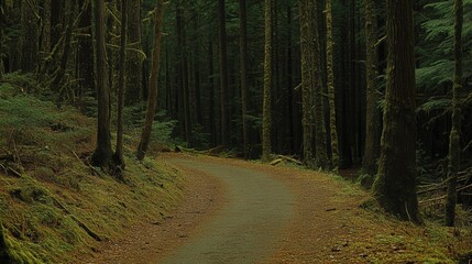 Naklejka premium Discover a tranquil winding path through a lush, dense forest, inviting exploration and reflection in nature's embrace