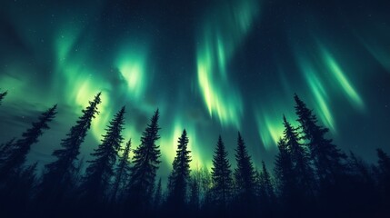 Vivid aurora borealis illuminating dark coniferous forest at night.