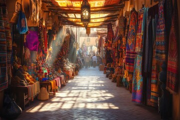 Naklejka premium Vibrant market alley filled with textiles and crafts.