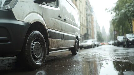 A rainy city street scene showcasing a muddy delivery van parked beside a slick pavement reflecting surrounding buildings