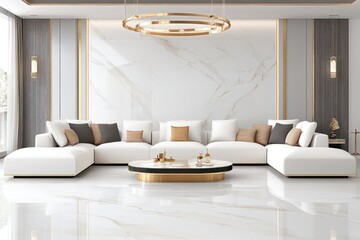 Modern Living Room with Cozy White Sofa Against Marble Stone Wall