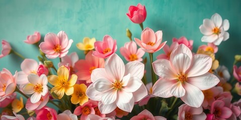 Fototapeta premium Colorful spring flowers in full bloom against a soft pastel paper background, blooming, beauty, nature