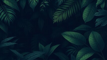 Fototapeta premium Dark and mysterious background featuring intricate pattern of exotic leaves, mysterious, background