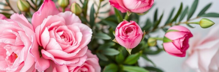 Fresh bunch of pink peonies and roses with copy space on white background, nature, bloom, pink