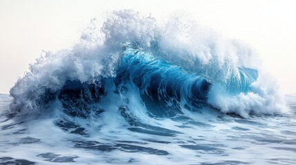 High-definition ocean wave crashing with splashes of water, sea foam, clear blue color, dynamic motion, nature energy, aquatic force, summer scene, natural power